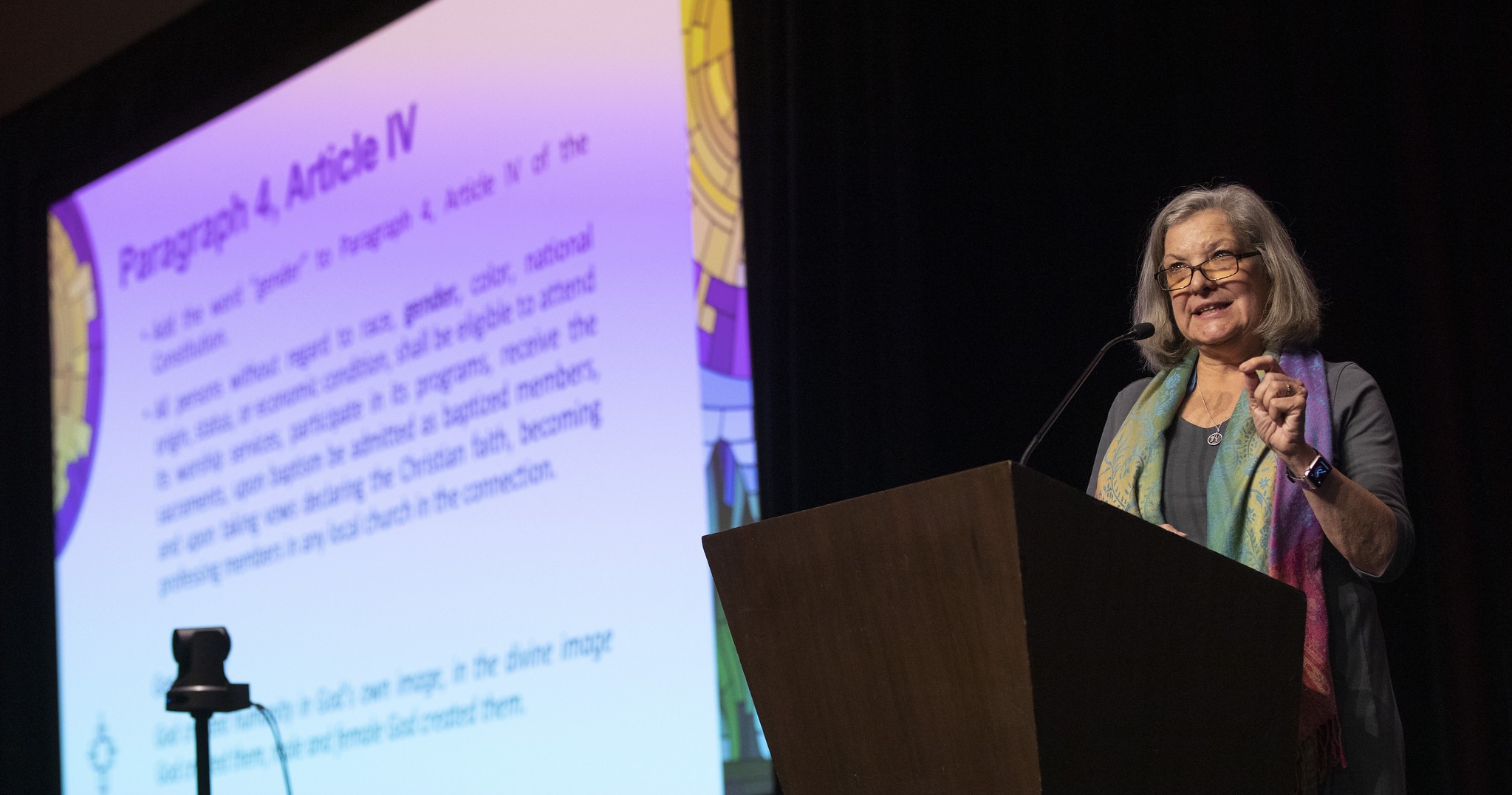 Dawn Wiggins Hare speaks at the 2020 Pre-General Conference Briefing in Nashville, Tenn. Hare, top executive of the United Methodist Commission on the Status and Role of Women, helped lead a panel discussion about legislation to address the treatment of women and girls during the 2020 Pre-General Conference Briefing in Nashville, Tenn. Photo by Kathleen Barry, UM News.