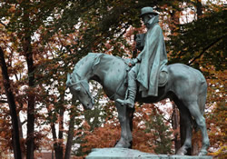 This larger-than-life statue of Bishop Francis Asbury is near the front of campus at Drew University in Madison, N.J. An 18th-century student at Drew Theological School received the first loan from the Methodist Episcopal Church.