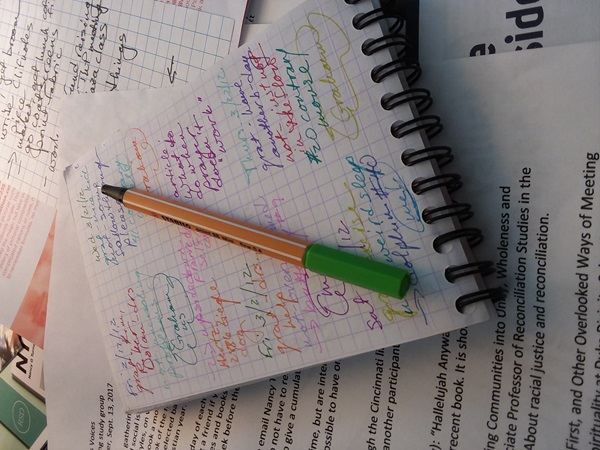 Nancy_Turner-desk_rubble Her gratitude journal stands out among the other items the Rev. Nancy Turner keeps on her desk. Photo courtesy of Nancy Turner.