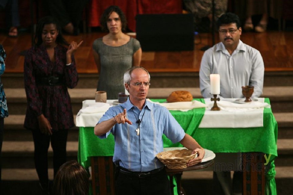 The Rev. Shawn Anglim leads worship at First Grace United Methodist Church in New Orleans.