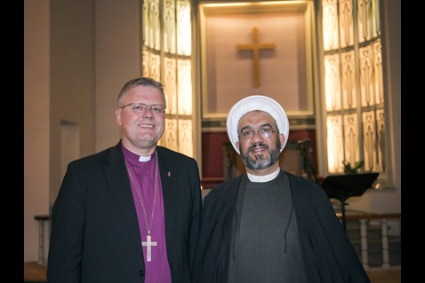 norway-interfaith_1 United Methodist Bishop Christian Alsted, Nordic and Baltic area, and Sheikh Mahmoud of the Tauheed Mosque, shown at a December meeting in Oslo, Norway, are convinced that interreligious dialogue is vital. Photo by Karl Anders Ellingsen, UMC Norway