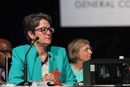 gc2016-budget-sally-dyck Bishop Sally Dyck, Chicago Episcopal Area, presides over the May 20 plenary session of the 2016 United Methodist General Conference in Portland, Ore. Behind her are Bishops Gregory Palmer and Janice Riggle Huie. Photo by Maile Bradfield, UMNS.