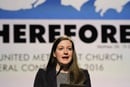 gc-2016-fossil-fulels-marie-kuch-stanovsky Marie Kuch-Stanovsky presents the report recommending divestment from fossil fuel companies. Photo by Maile Bradfield, United Methodist News Service.