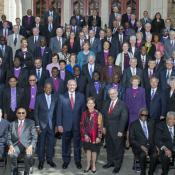 United Methodist bishops pose for a group photo in May 2017 on the steps of First United Methodist Church in Dallas, Texas. Photo by Maidstone Mulenga, Council of Bishops.