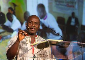 Phileas Jusu of the United Methodist Church in Sierra Leone addresses the 2015 United Methodist Communications Game Changers Summit in Nashville, Tennessee, about the role of technology in fighting Ebola. Photo by Mike DuBose, UMNS.
