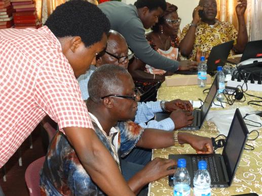 Photo courtesty of Phileas Jusu, United Methodist Communications  District superintendents attend a two-day training in Freetown in basic computer skills Sept. 8, 2016. The training, organized by John Yambasu (left), a Global Missionary Fellow in Sierra Leone, was to equip the superintendents — some of whom did not have computer knowledge before — to use laptops donated by United Methodist Communications upon their return to their districts.