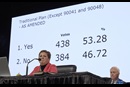 Bishop Cynthia Fierro Harvey observes the results from a Feb. 26 vote for the Traditional Plan, which affirms the church’s current bans on ordaining LGBTQ clergy and officiating at or hosting same-sex marriage. The vote came on the last day of the 2019 General Conference in St. Louis. Photo by Paul Jeffrey, UMNS.