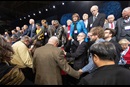 Delegates and bishops join in prayer at the front of the stage before a key vote on church policies about homosexuality during the 2019 United Methodist General Conference in St. Louis. Photo by Mike DuBose, UMNS.