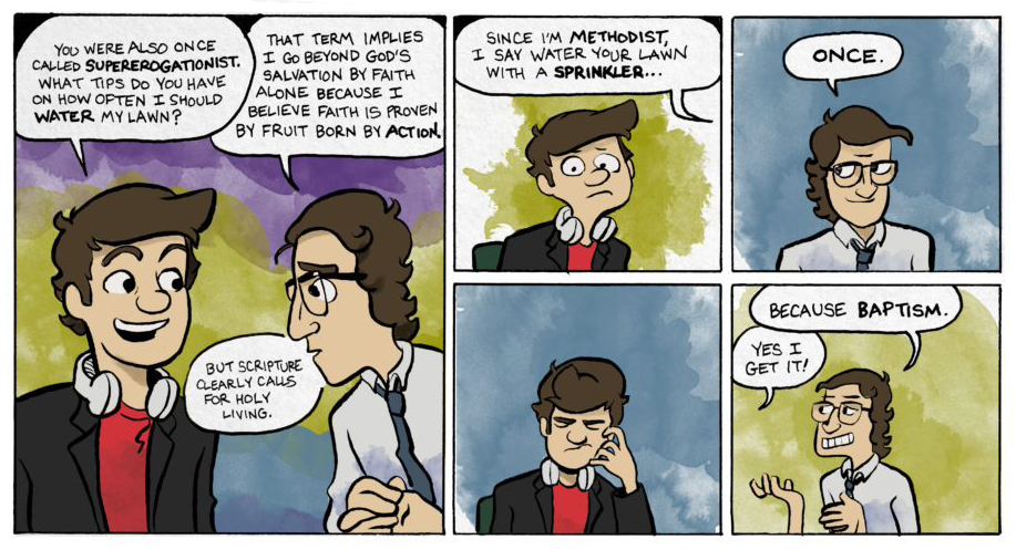 A panel, "Get to Work," from the WesleyBros,com cartoon by the Rev. Charlie Baber. 