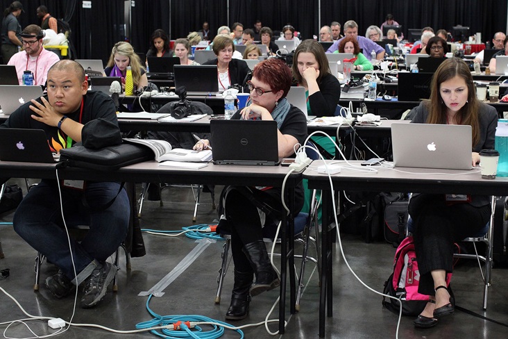 The newsroom of the 2016 United Methodist General Conference in Portland, Ore. is a busy place with journalists covering sessions. Photo by Kathleen Barry, United Methodist Communications. The newsroom of the 2016 United Methodist General Conference in Portland, Ore. is a busy place with journalists covering sessions.