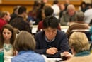 Attendees practice Christian conferencing at the Pre-General Conference Briefing in Portland, Ore.  Photo by Mike DuBose, United Methodist Communications.