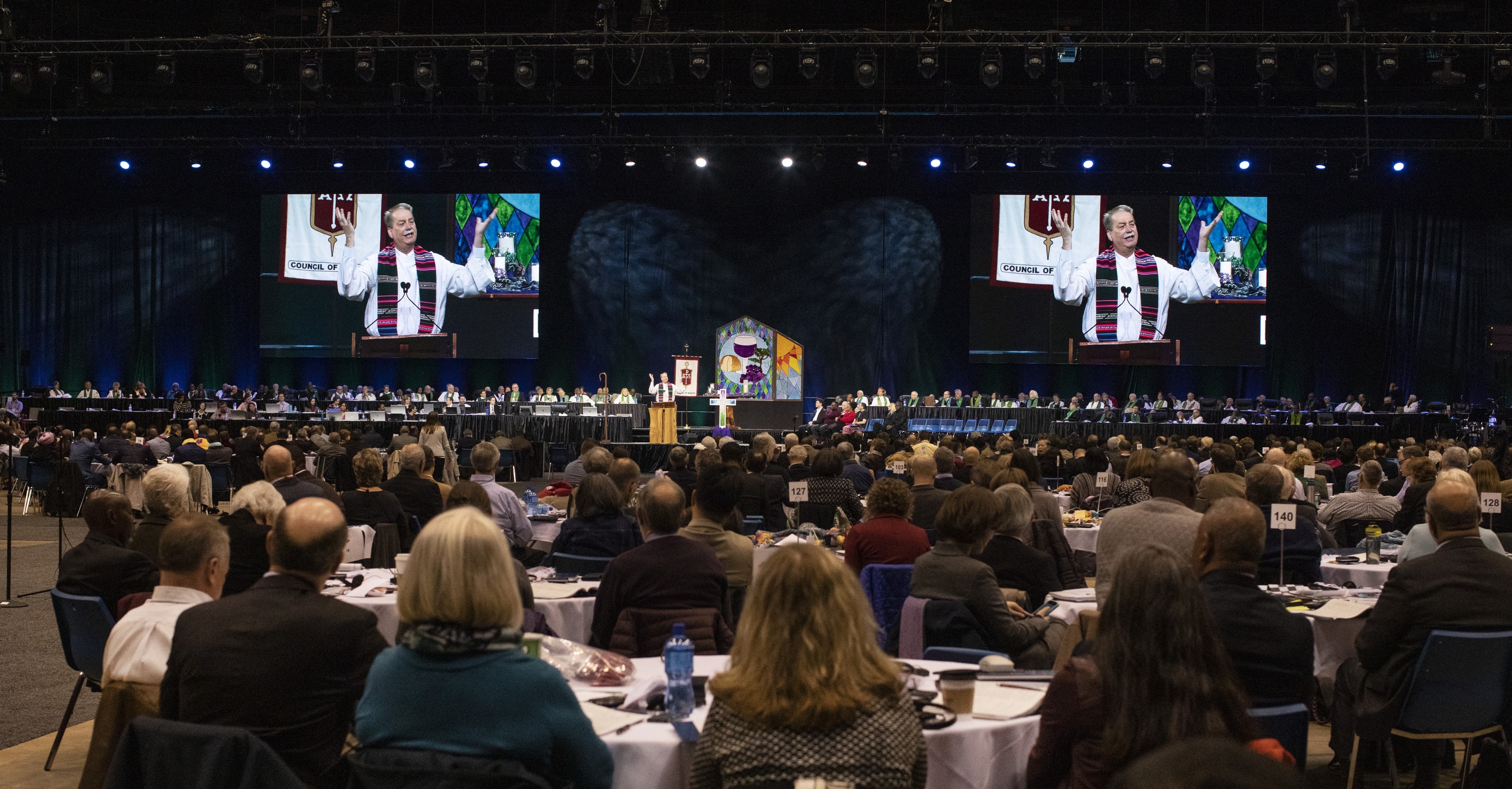 The caption for the attached photo is: Bishop Kenneth H. Carter gives the sermon and benediction during opening worship for the 2019 United Methodist General Conference in St. Louis. Photo by Kathleen Barry, UMNS.