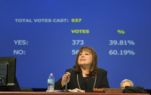 Bishop Minerva Carcaño surveys results of a vote on retaining guaranteed appointments for clergy during the 2012 United Methodist General Conference in Tampa, Fla. A UMNS file photo by Paul Jeffrey.
