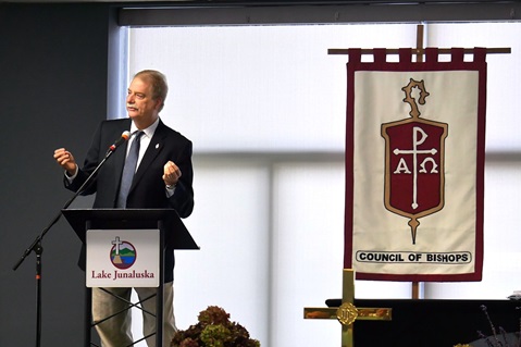 Bishop Kenneth H. Carter, president of the Council of Bishops, discusses the strained United Methodist connection in his presidential address at the bishops’ fall 2019 meeting in Lake Junaluska, N.C. He urged adopting a posture of convicted humility. Photo by Heather Hahn, UM News.