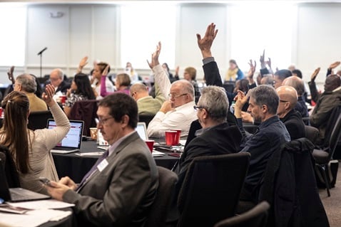 A show of hands during the board meeting of the Connectional Table held at United Methodist Discipleship Ministries in Nashville, Tenn., April 2. Photo by Kathleen Barry, UM News.