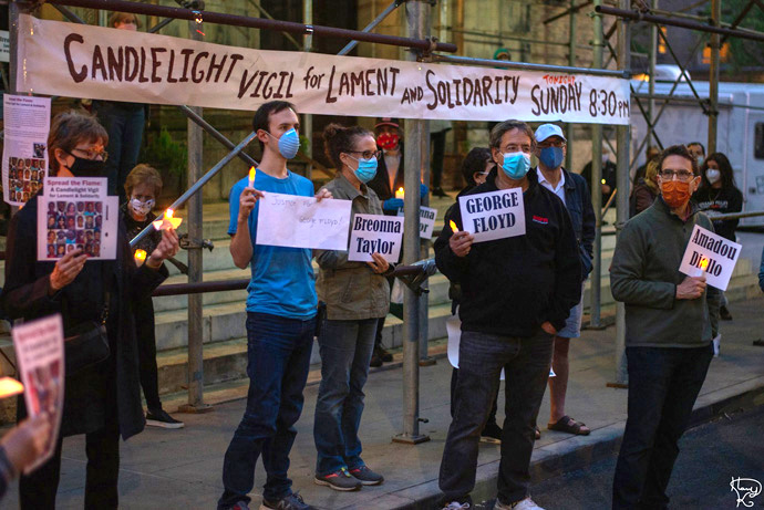 A candlelight vigil outside the Church of St. Paul and St. Andrew in Manhattan drew attention to the recent death of George Floyd in Minneapolis and other African Americans killed in incidents related to their race. New York was among the many U.S. cities experiencing days of protests over racism, inequality and police brutality. Photo by Harry Karpen.