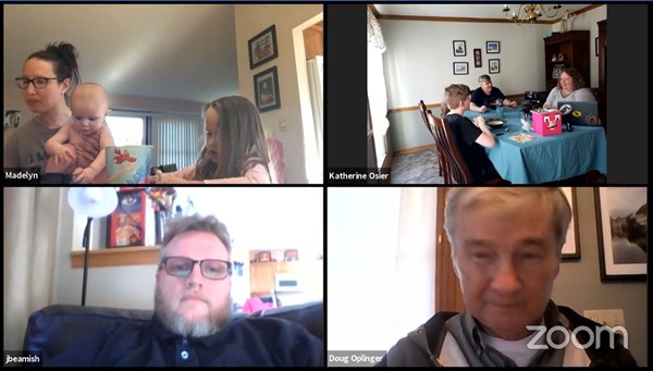 Members of Greensburg United Methodist Church in North Canton, OH sharing a virtual family dinner over Zoom.