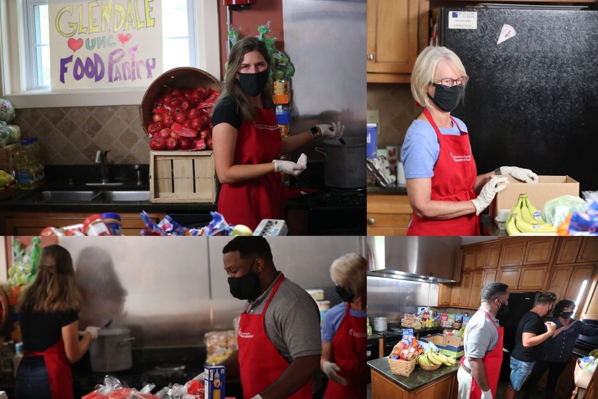The food pantry kitchen set was abuzz with United Methodist Communications talent. Kathryn Price took over cooking, Sheila Harrison organized supplies and Helen's nephew packed things up all under the guidance of Troy Dossett and Janni Snider. (Photo by Mike DuBose)