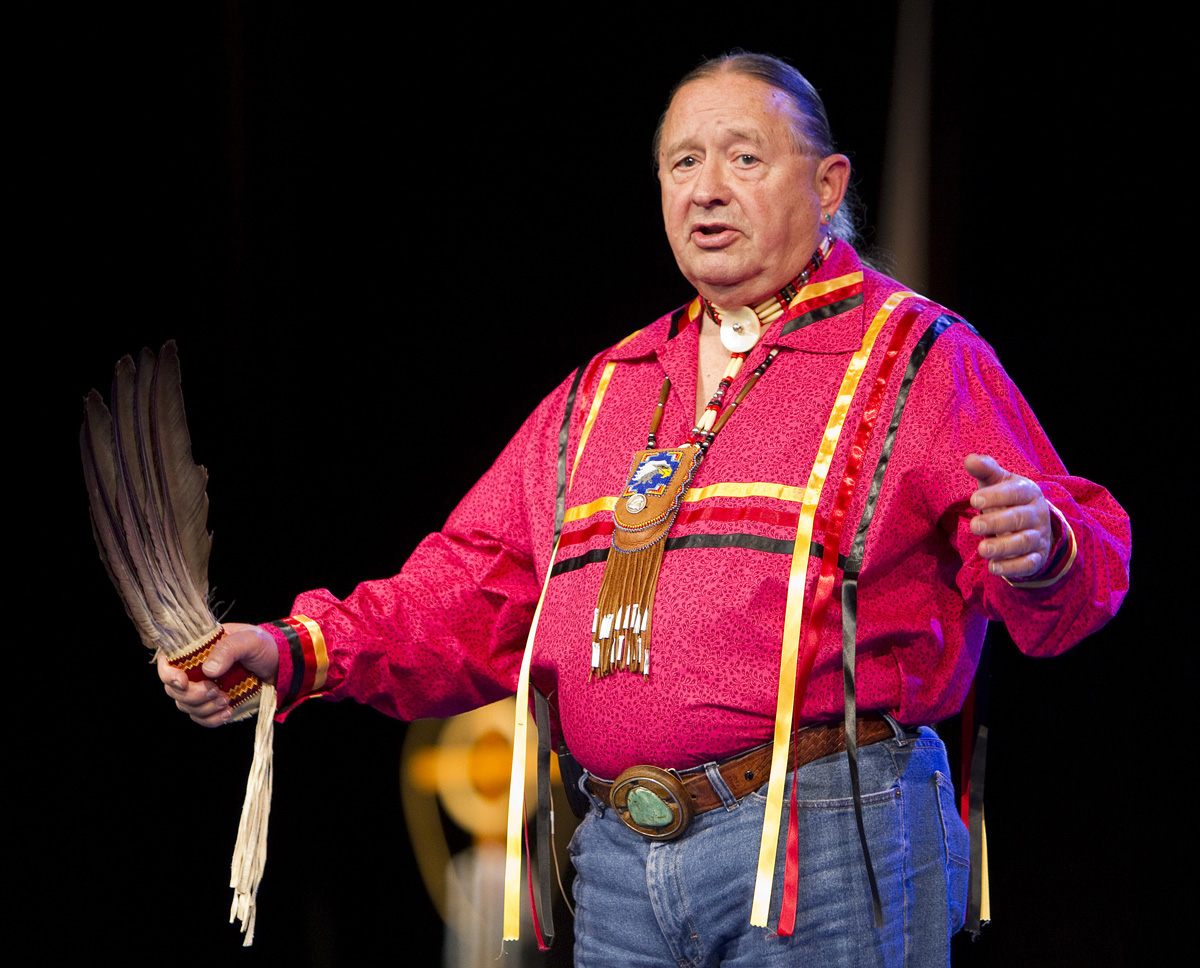 Tink Tinker (wazhazhe, Osage Nation) helps lead an "Act of Repentance toward Healing Relationships with Indigenous Peoples" at the 2012 United Methodist General Conference in Tampa, Fla. Tinker is professor emeritus at The Iliff School of Theology. File photo by Mike DuBose, UM News.