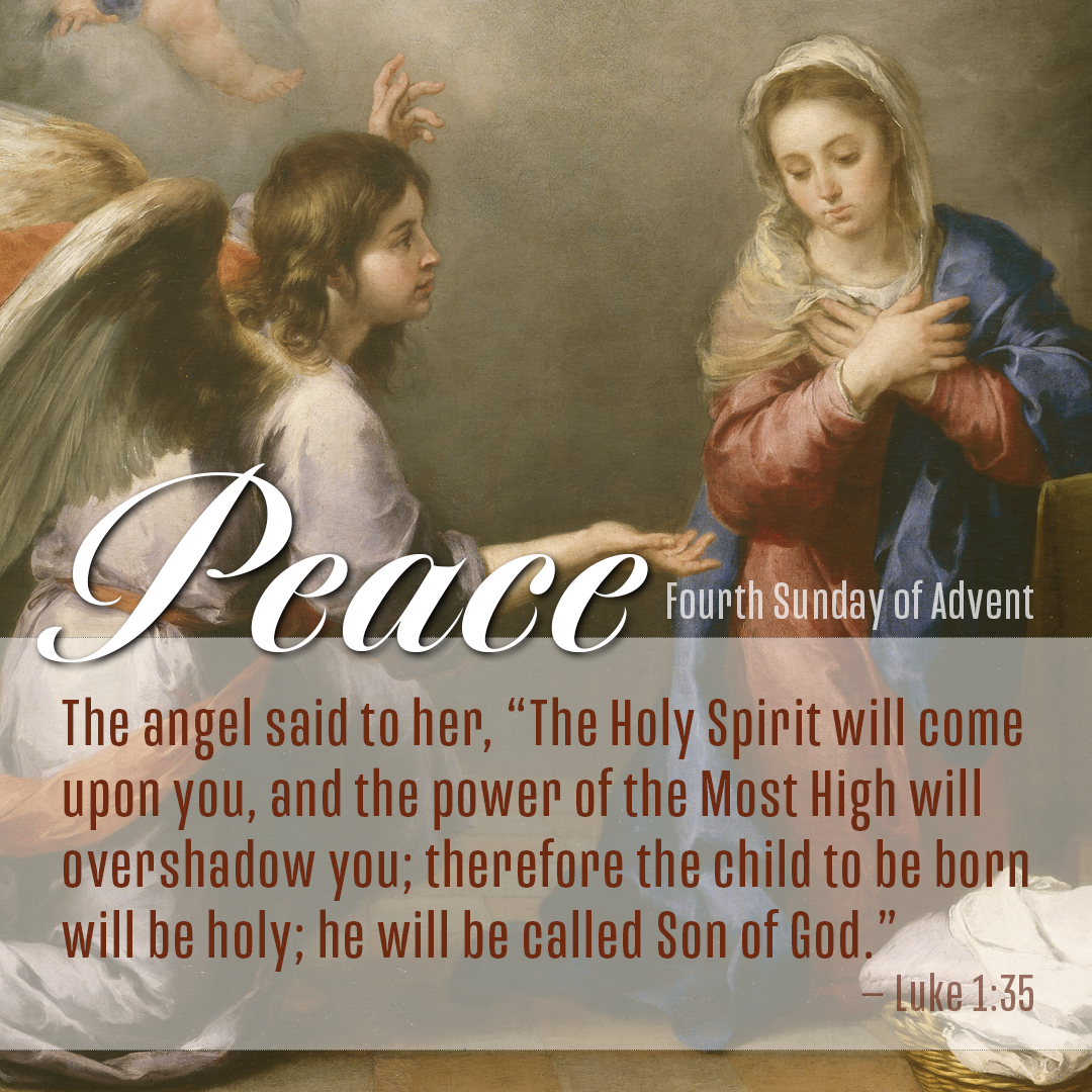 Lectionary image for the Fourth Sunday of Advent, Year B, illustrating Luke 1:35: "The angel said to her, 'The Holy Spirit will come upon you, and the power of the Most High will overshadow you; therefore the child to be bord will be holy; he will be called Son of God." Illustration by Cindy Caldwell, United Methodist Communications. Image by Bartolomé Esteban Murillo, “Annunciation,” c. 1655–1660, Hermitage Museum, Russia, Wikimedia Commons, Public Domain.