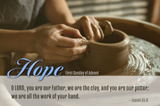 Advent social media graphic for the First Sunday of Advent, illustrating God as potter from Isaiah 64:8. Photo illustration by Cindy Caldwell, United Methodist Communications. Photo by Cali Godley, Lightstock.com.