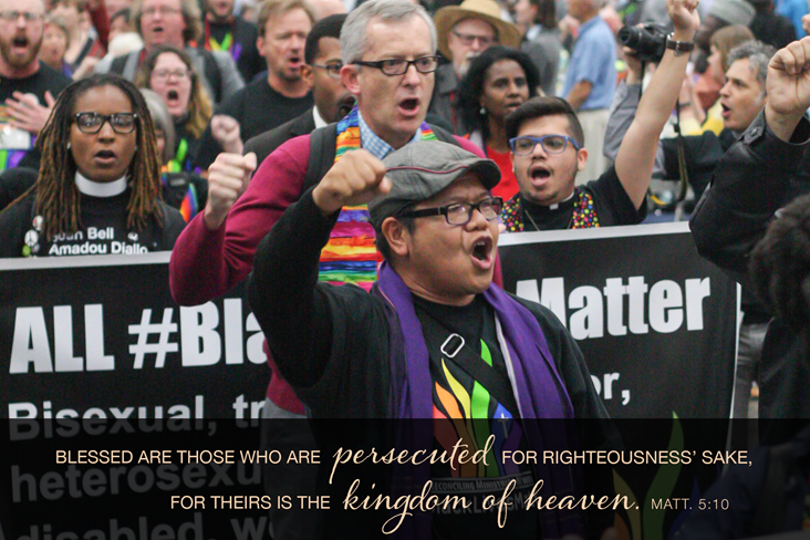 Advocates from the Black Lives Matter movement disrupt the proceedings of the 2016 United Methodist General Conference in Portland, Ore. The demonstrators marched into the plenary session chanting slogans and gathered around the central communion table. Photo by Maile Bradfield, UMNS.