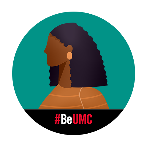 Female profile image with #BeUMC frame. 