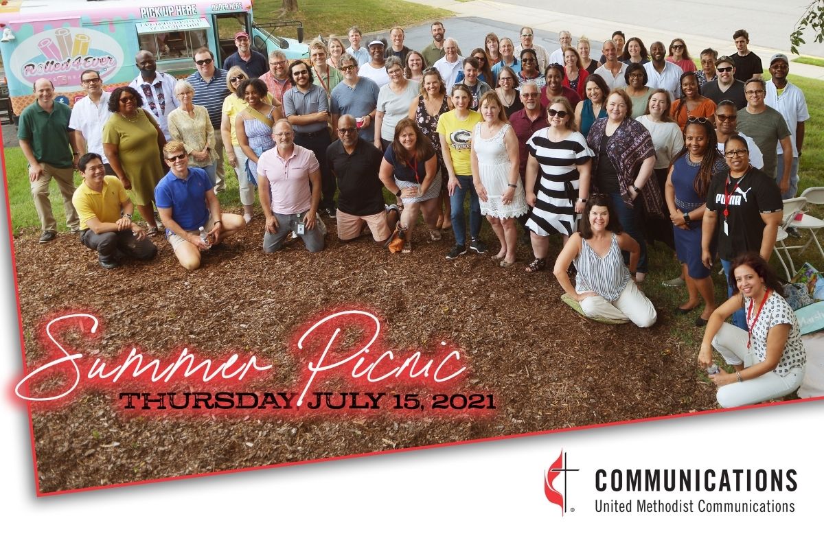 The United Methodist Communications staff gathered for a group shot at the agency picnic. (Photo by Aaron Crisler.)