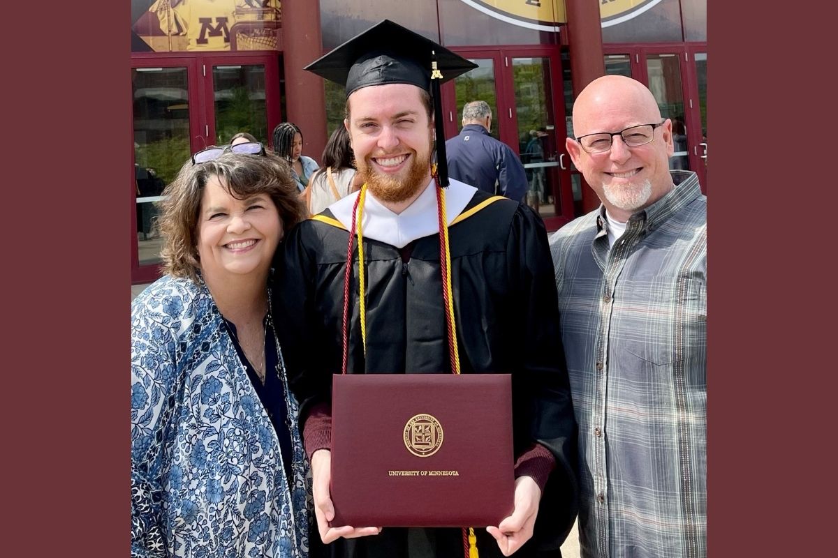Stacey Hagewood's son Sam, 24, graduated with a Master of Arts in Human Resources and Industrial Relations from The University of Minnesota in Minneapolis. He began a job with PepsiCo this month. Pictured l-r: Stacey, Sam and Stacey's husband Greg (Photo provided by Stacey Hagewood.)