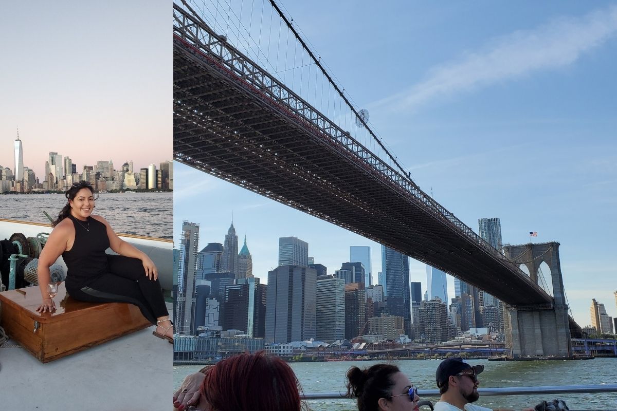 Views of the Brooklyn Bridge and Lower Manhattan from the NYC Ferry in New York City, New York.