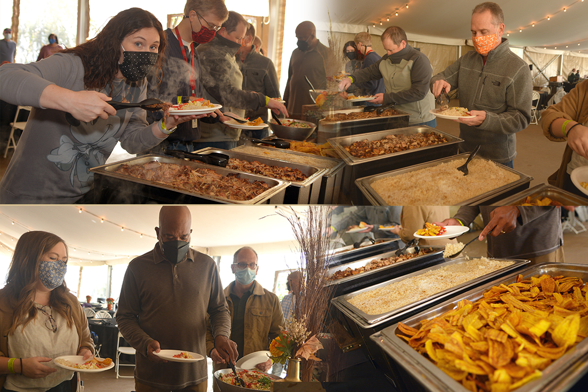 UMCOM staff enjoyed a delicious buffet at the Nashville Zoo. Renee McNeill could hardly wait to dive in while  Andrew Schleicher, Josh Mullenix, Greg Petree, Ashley Gish, Gary Henderson and David Jamieson filled their plates. Selections included Cuban slow roasted pork, Jamaican jerk chicken, Polynesian pineapple pork, mango slaw, coconut-cumin rice, fried plantains, rolls, rum cake and sorbet.   (Photos by Aaron Crisler.)