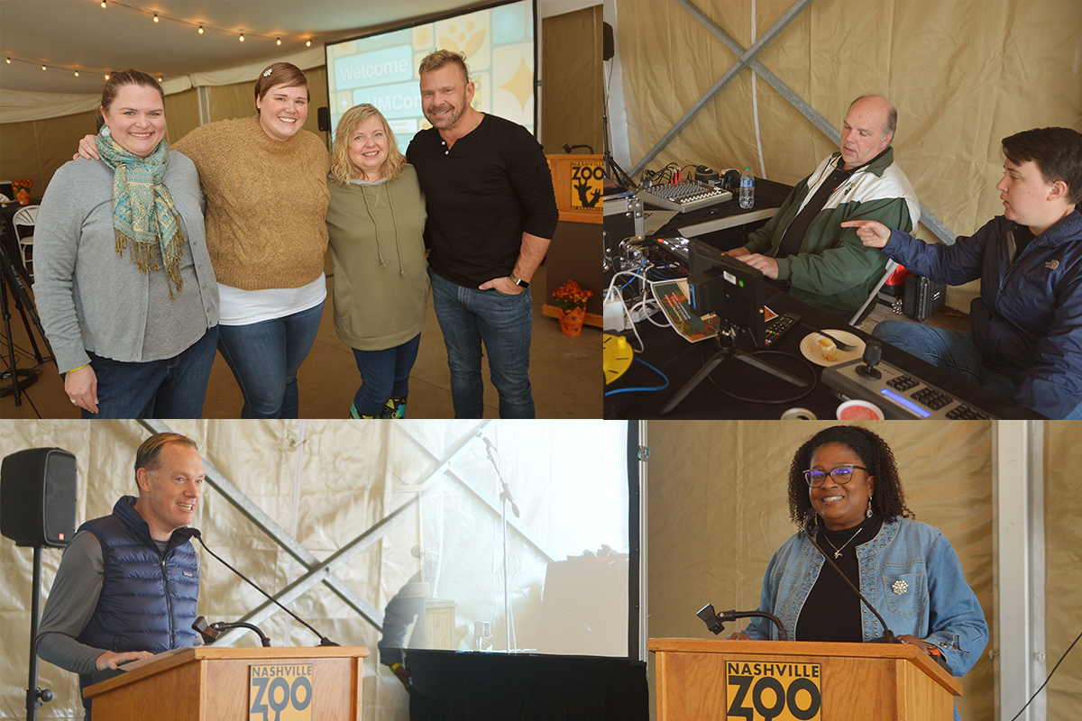 UMCom staff enjoyed fellowship before exploring the Nashville Zoo. Pictured: Creative Services Team members Laura Buchanan, Sara Schork, Bridget Sloane and Troy Dossett. Production staff Dan O'Connell and Katie Sluder shown offering their talents to the event.  Dan Krause and Helen Allen served as co-hosts.(Photos by Aaron Crisler.)
