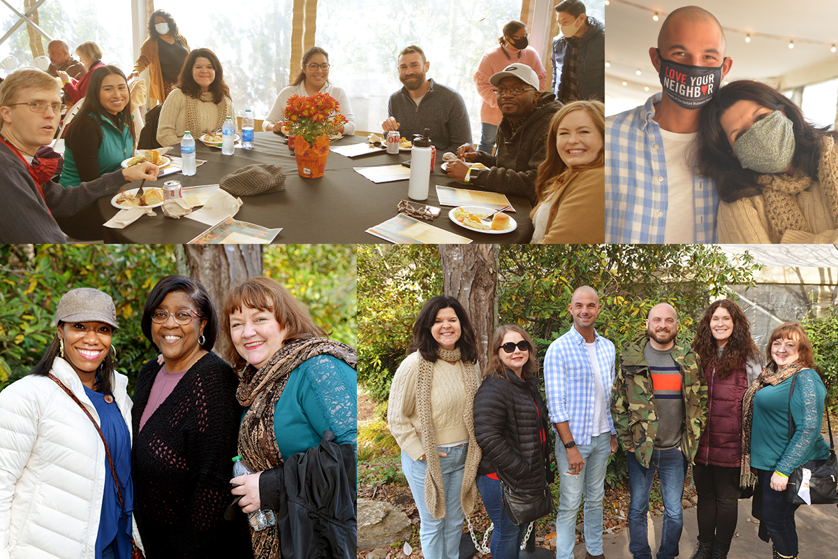 Food, fun and fellowship and a spirit of Thanksgiving were enjoyed by staff attending the celebration. Pictured:  Gathered around the table - Andrew Schleicher, Aileen Jimenez, Sara Perez, Michelle Maldonado, Ryan Dunn, Chilima Karima and Ashley Gish with Shelia Mayfield, Wanda Jackson and Cheoneui Oh getting in line for goodies. Royya James, Diane Maloney and Pam Buck reconnecting in-person. The Local Church Services Team gathered - Sara Perez, Melanie Mays, Steven Adair, Craig Catlett, Renee McNeill and Pam Buck. (Photos by Aaron Crisler.)