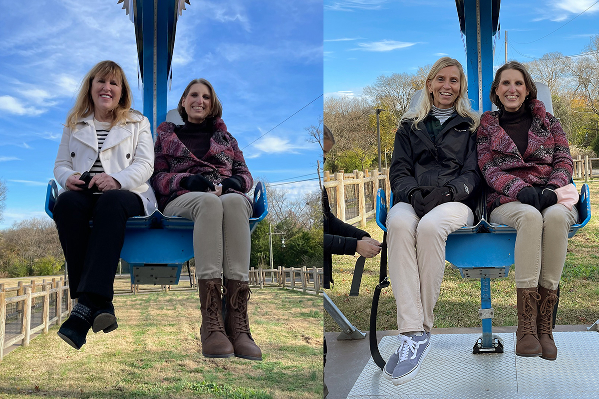 Brenda Smotherman discovered that when you're in a party of three you get to ride the Soaring Eagle zip line twice. Pictured on ride one with Diane Degnan and ride two with Teresa Faust. (Photos by Diane Degnan and Teresa Faust.)