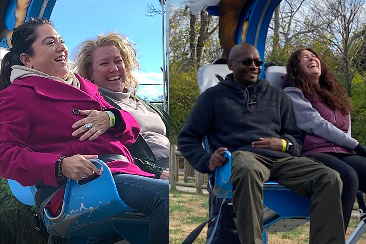 The Soaring Eagle zip line brought on laughter for some teammates. Shown L-R: Patty DelliBovi and Linda Bruner (Photo by Greg Petree.), Chilima Karima and Renee McNeill (Photo by Helen Allen.)