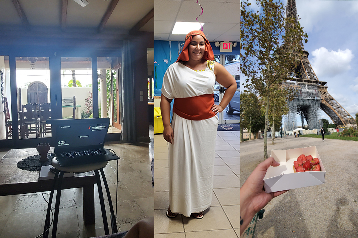 L-R: Work from home setup in Tulum, Mexico; Vacation bible school at Nuevo Pacto UMC in Sebring, FL; Eating the 5th of 6 pasteries under the Eiffel Tower in Paris, France