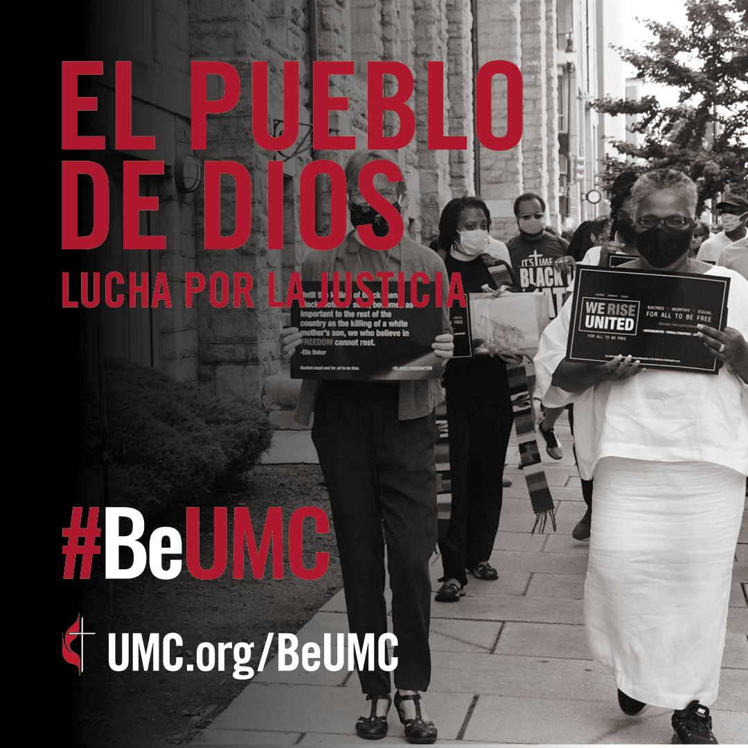 We challenge unjust systems and work to secure equal opportunities for all. The #BeUMC campaign reminds us of who we are at our best — the spirit-filled, resilient, connected, missional, faithful, diverse, deeply rooted, committed, disciple-making, Jesus-seeking, generous, justice-seeking, world-changing people of God called The United Methodist Church. Social media graphic, Spanish.