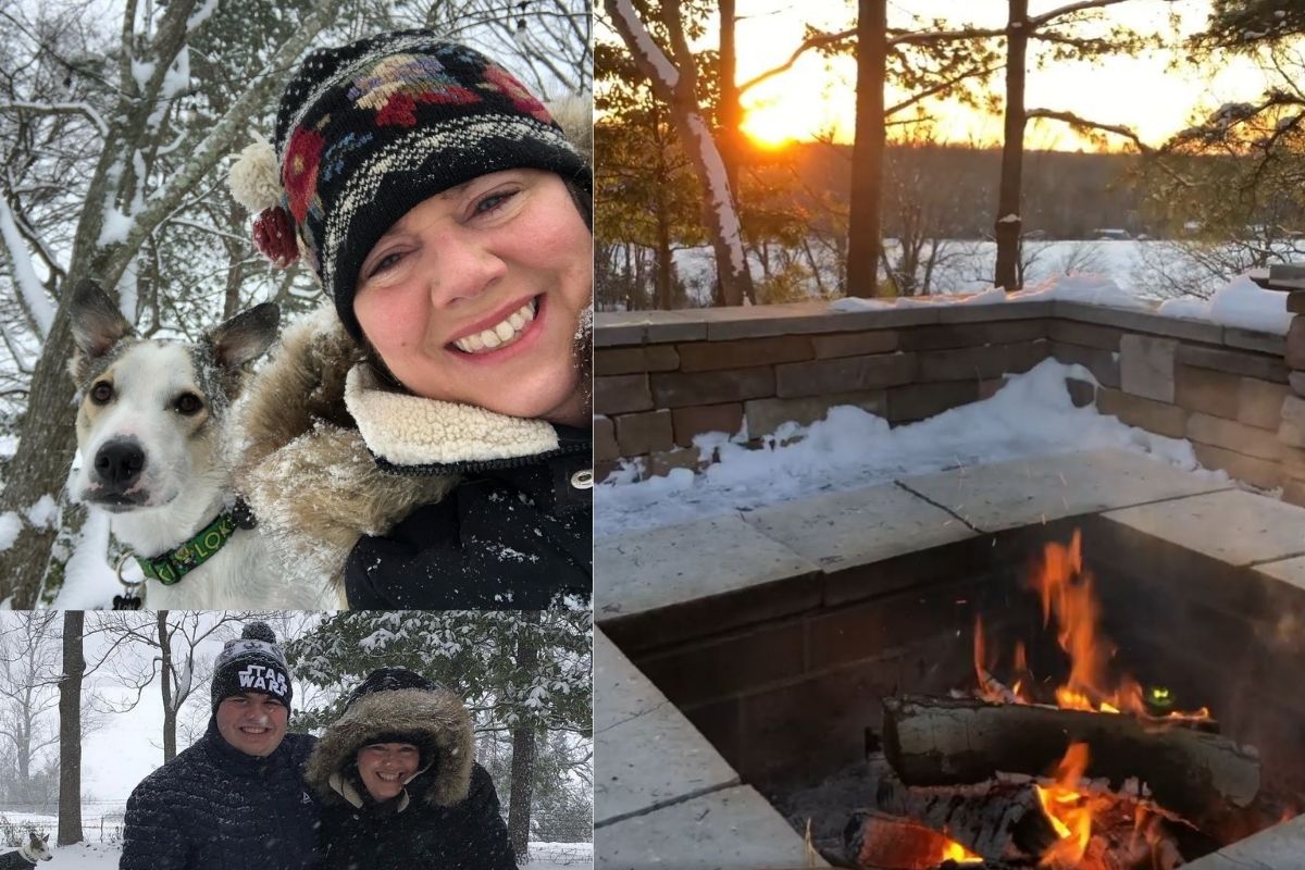 Jennifer Rodia took time to enjoy the snow with her son Lukas and pup Loki and stayed warm alongside her husband Michael by the fire during a beautiful sunset.  (Images by Jennifer Rodia.)
