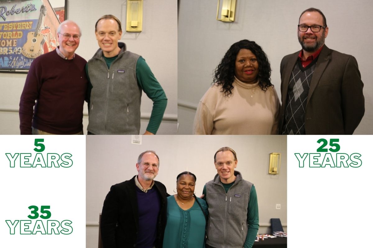 Dan Hoag, pictured with Dan Krause, was celebrated for his five years of service.  Sheila Mayfield was honored to celebrate Lane Denson's 25 years with the agency. Debra Jemison was filled with emotions reflecting on her 35 years with United Methodist Communications.  Pictured with David Jamieson and Dan Krause.