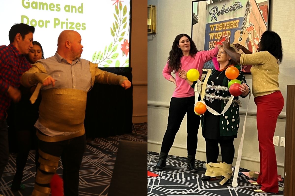 The day's activities allowed for some creativity. Cheoneui Oh and Aileen Jimenez wrapped Aaron Crisler up tightly in streamers. (Left side)  Renee McNeill (L)and Kashe' Harris  (R) got ornamental in their design. 