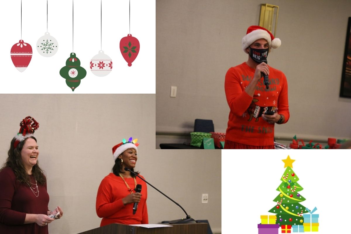 Laura Buchanan (bottom L) and Royya James (R) enjoyed a good laugh during the ornament exchange. Steven Adair donned a festive sweater as he presented games.