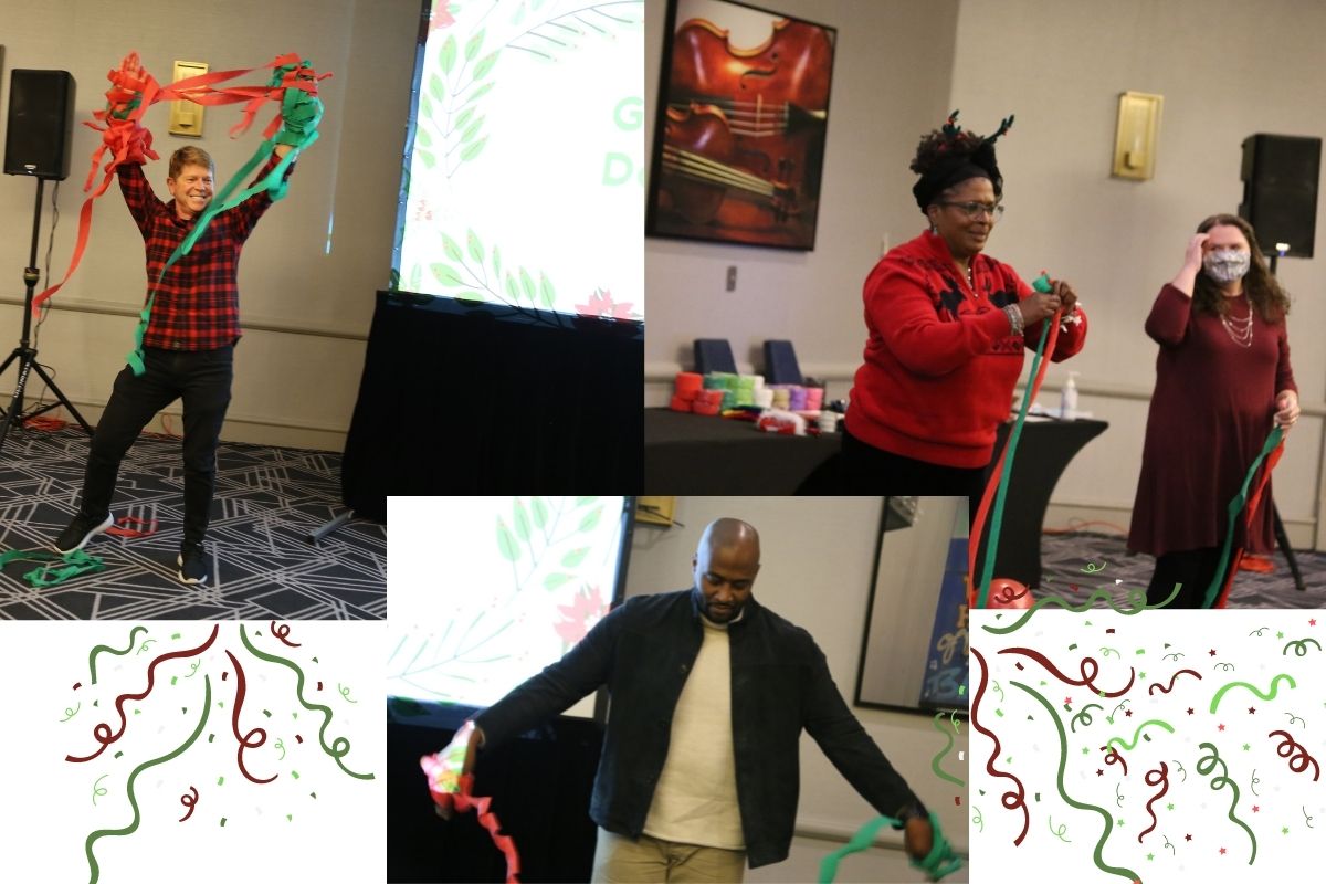 Chuck Long (L) celebrated his quick win during the streamer competition.  Helen Allen and Laura Buchanan (Top Right, L to R) and Tyrus Sturgis (Bottom)  armed themselves with festive streamers.