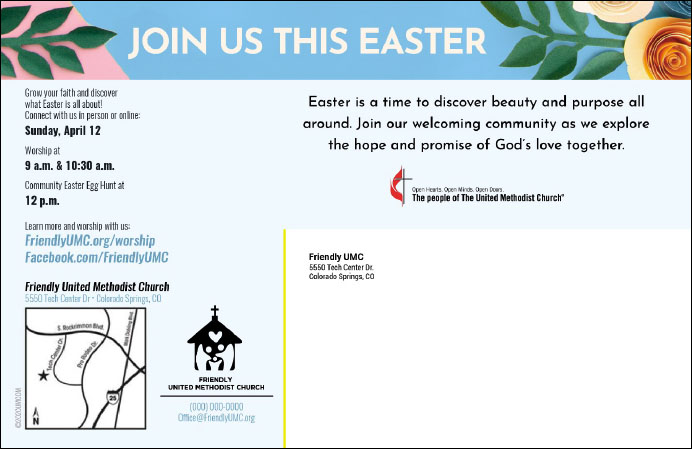 Customize your outreach efforts by adding a personalized message on a postcard. Example of an Easter Outreach postcard. 