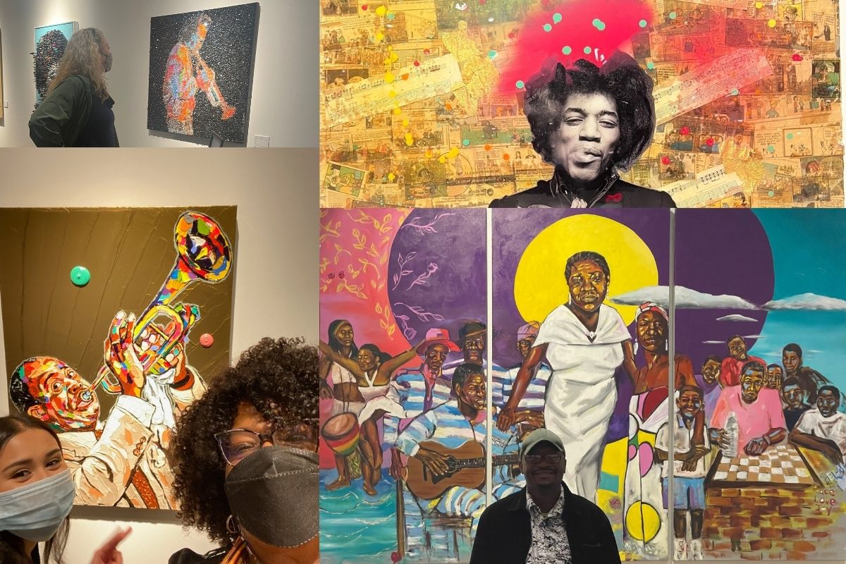 A display of local artist work was a first stop for many teammates including Linda Bruner, Aileen Jimenez, Helen Allen, Chilima Karima and Lilla Margiza. (Photos with staff by Helen Allen. Hendrix image taken by Lilla Marigza.)