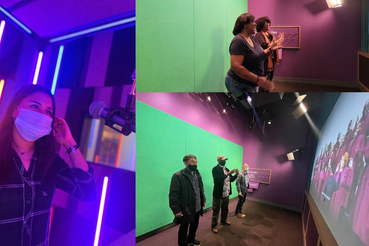 Aileen Jimenez showed off her inner rockstar in the sample studio. Diane Maloney, Helen Allen, Tom Kim, Chilima Karima and David Jamieson rose a joyful noise with a virtual choir filming. (Left and lower photo by Aaron Crisler. Top photo by Brenda Smotherman.)