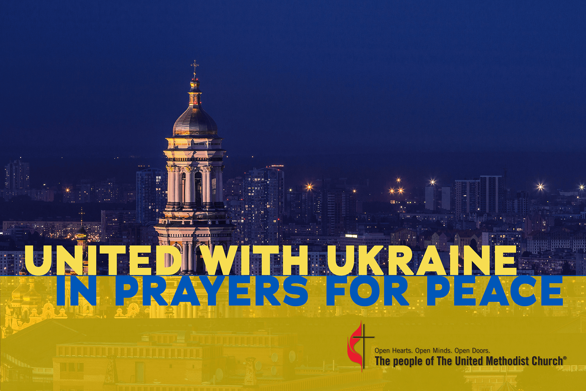 United Methodists stand with Ukraine in prayer for protection, reconciliation and peace. Photo illustration by Cindy Caldwell, United Methodist Communications. Kyiv image by Eugene, Unsplash.com.