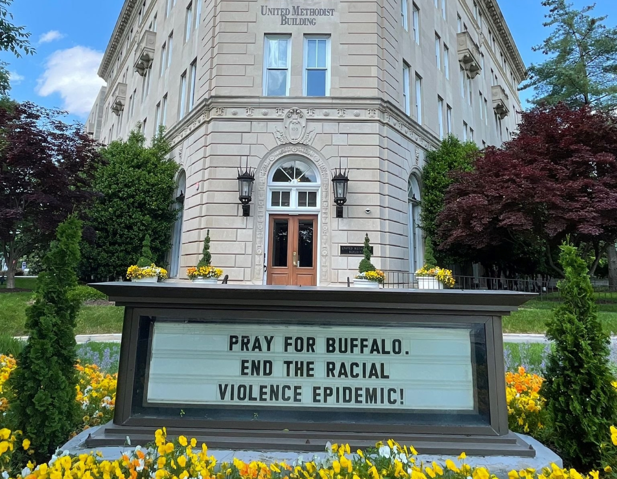 The General Board of Church and Society use the marquee sign in front of the United Methodist Building to express sympathy for the victims of the Shooting in Buffalo. March 2022. Courte