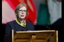 The Rev. Susan Henry-Crowe of the United Methodist Board of Church and Society addresses the 2016 United Methodist General Conference May 16 in Portland, Ore. Crowe helped present the report on the denomination's Four Areas of Focus for ministry. Photo by Mike DuBose, UMNS