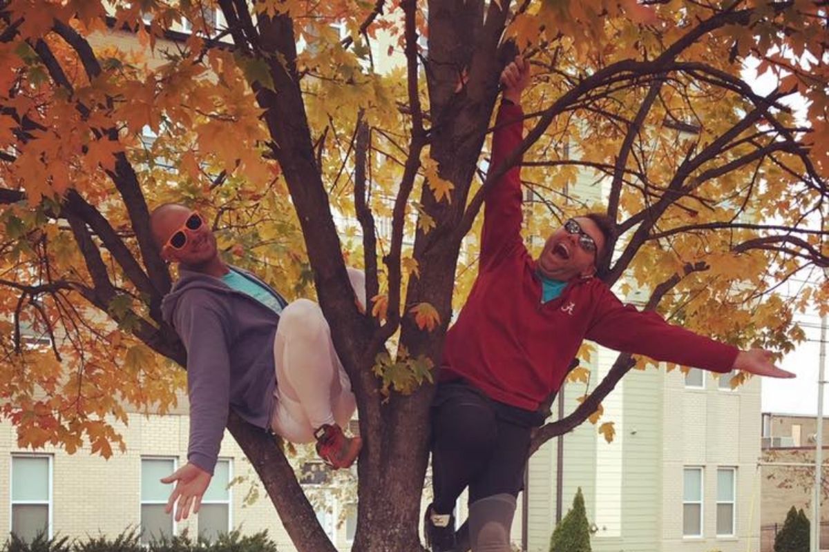 Steven Adair shared this victory pose of he and fellow Glendale UMC member and kickball teammate Josh Upchurch. The two found joy in climbing and hugging this tree for a goofy photo while celebrating their kickball game win.