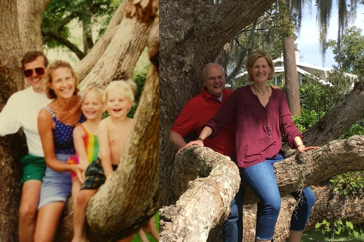 Dan Hoag and his family are lifelong tree huggers.  He shares these photos noting that "this old oak is in the backyard of a dear friend, and it served as the sight for our 1993 Christmas card photo. (Dan, Becky, Beth and Jon Hoag pictured) In 2019, when Becky and I were visiting this friend we were asked to do a recreation of the shot 26 years later."  